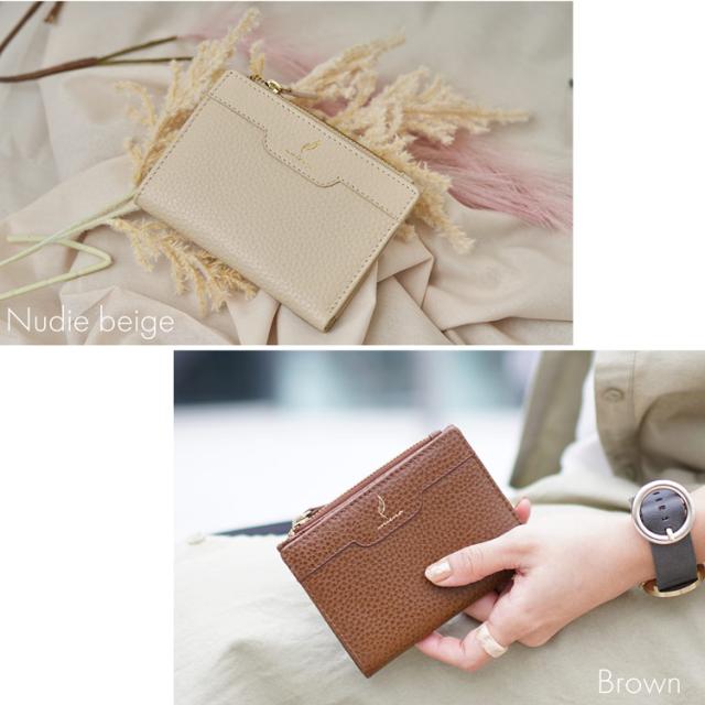 本革 薄い コンパクト財布 ヌーディーベージュ ブラウン