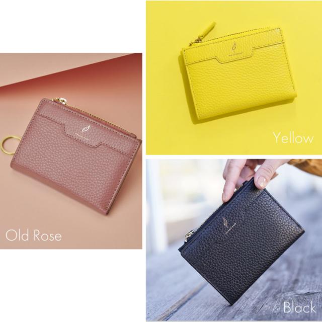 本革 薄い コンパクト財布 オールドローズ レモンイエロー ブラック