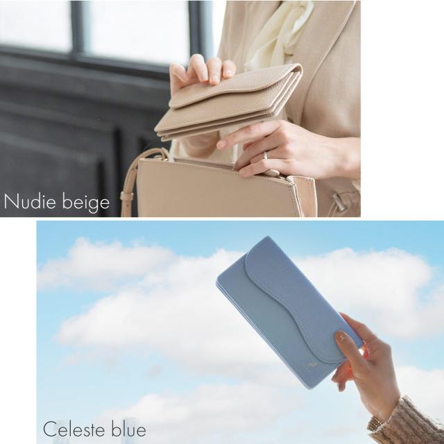 本革 薄い 長財布 ヌーディーベージュ セレストブルー