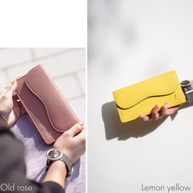 本革 薄い 長財布 オールドローズ レモンイエロー