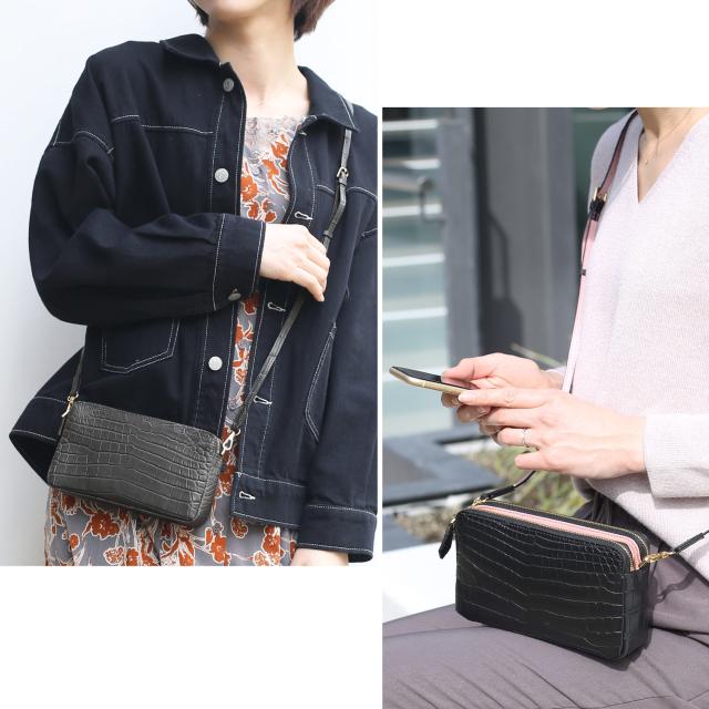 クロコダイル ミニ ショルダーバッグ ダークグレー ブラック