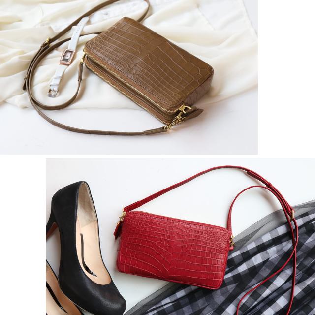 クロコダイル ミニ ショルダーバッグ キャメル レッド