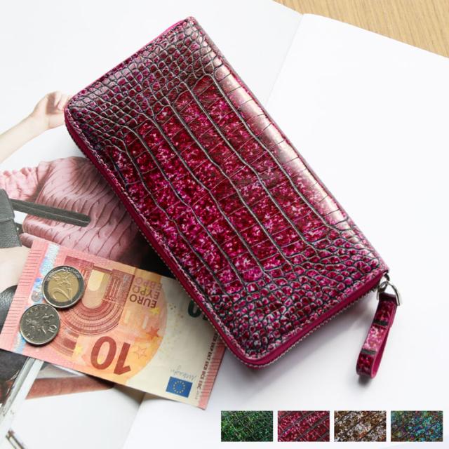 フランスクロコダイル 長財布 手染め模様 ラウンドファスナー