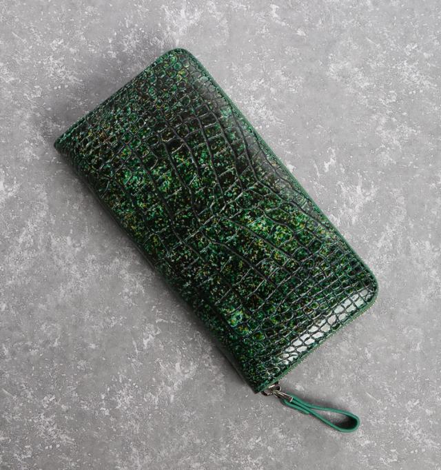 フランスクロコダイル 長財布 手染め模様 ラウンドファスナー