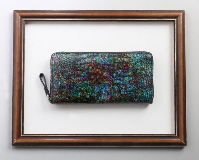 フランスクロコダイル 長財布 手染め模様 ラウンドファスナー