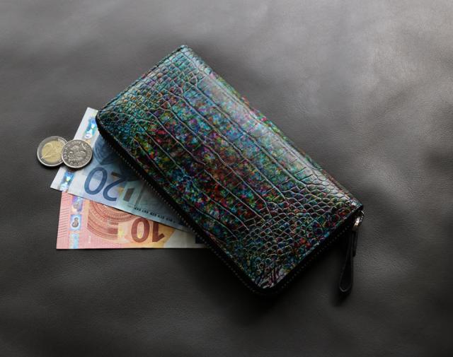 フランスクロコダイル 長財布 手染め模様 ラウンドファスナー