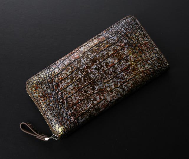 フランスクロコダイル 長財布 手染め模様 ラウンドファスナー