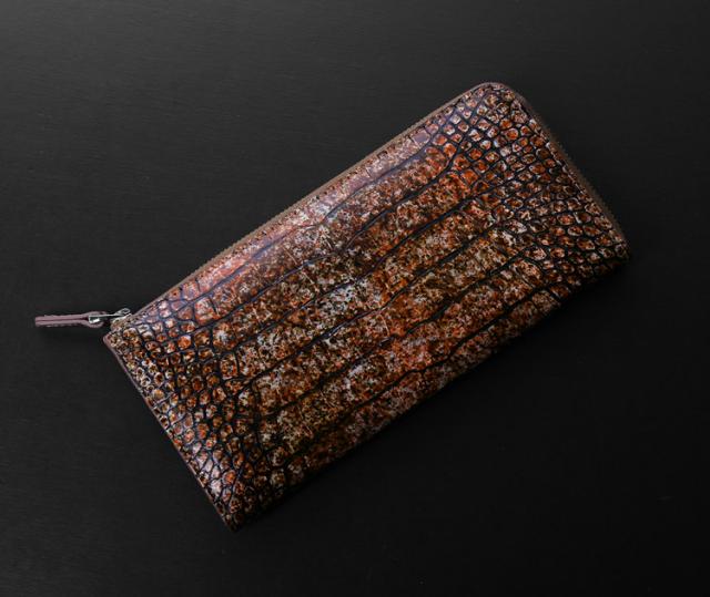 フランスクロコダイル 長財布 手染め模様 ラウンドファスナー