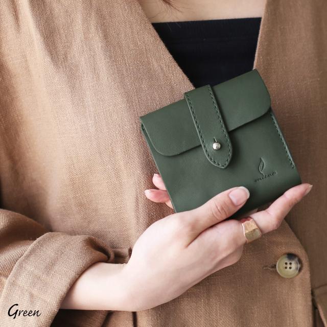 本革 折り財布 グリーン