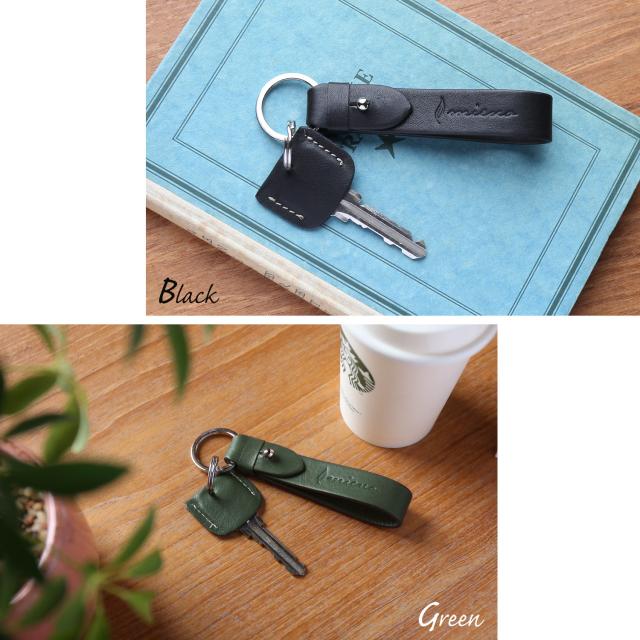 本革 キーホルダー グリーン ブラック
