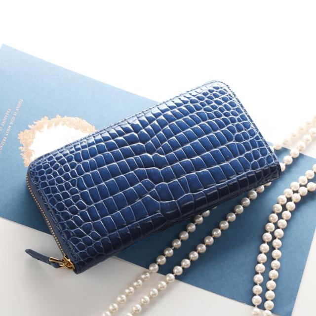 鰐革 スモールクロコダイル 一枚革 長財布 フォーマル ロイヤル ブルー シャイニング