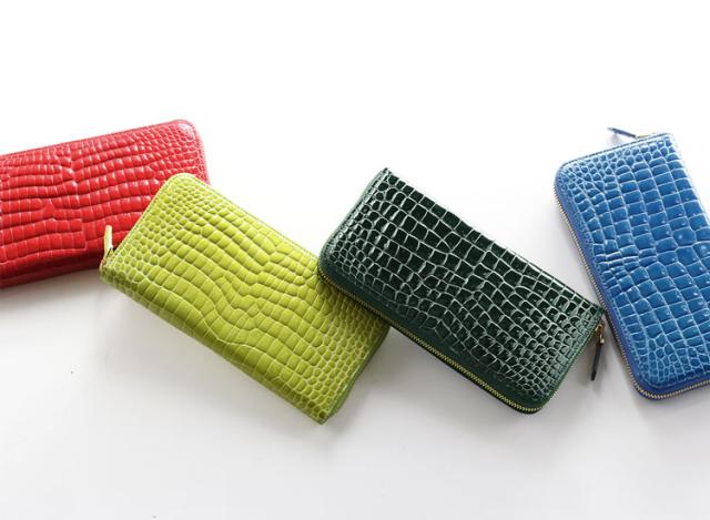 クロコダイル シャイニング ラウンドファスナー 長財布 ワイン パープル