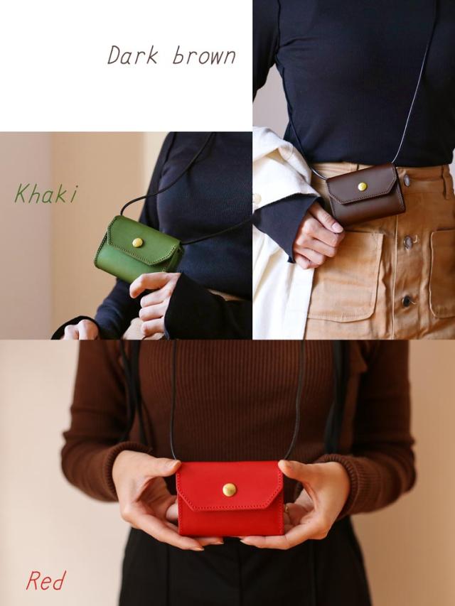 Jamale ネックウォレット 財布 牛革 コンパクト カーキ ダークブラウン レッド