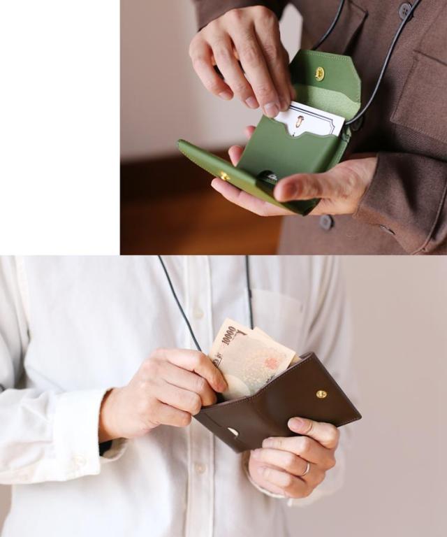 Jamale ネックウォレット 財布 牛革 コンパクト ダークブラウン カーキ