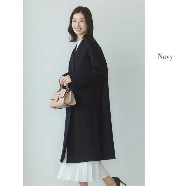 カシミヤブレンド ウール コート Vネック ノーカラー ネイビー