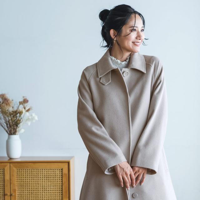 カシミヤブレンド ウール コート ステンカラー ロング丈