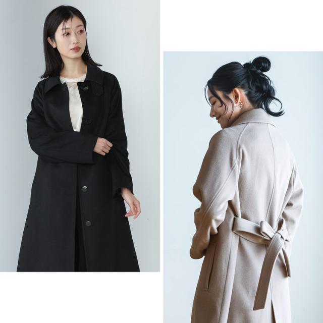 カシミヤブレンド ウール コート ステンカラー ロング丈