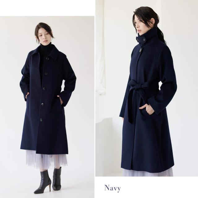 カシミヤブレンド ウール コート ステンカラー ロング丈 ネイビー