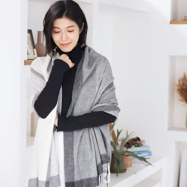 美品☆THROW☆カシミヤ混ストール☆大判マフラー☆リバーシブル☆白グレー カシミヤ混 大判ストール ストール 大判 マフラー レディース