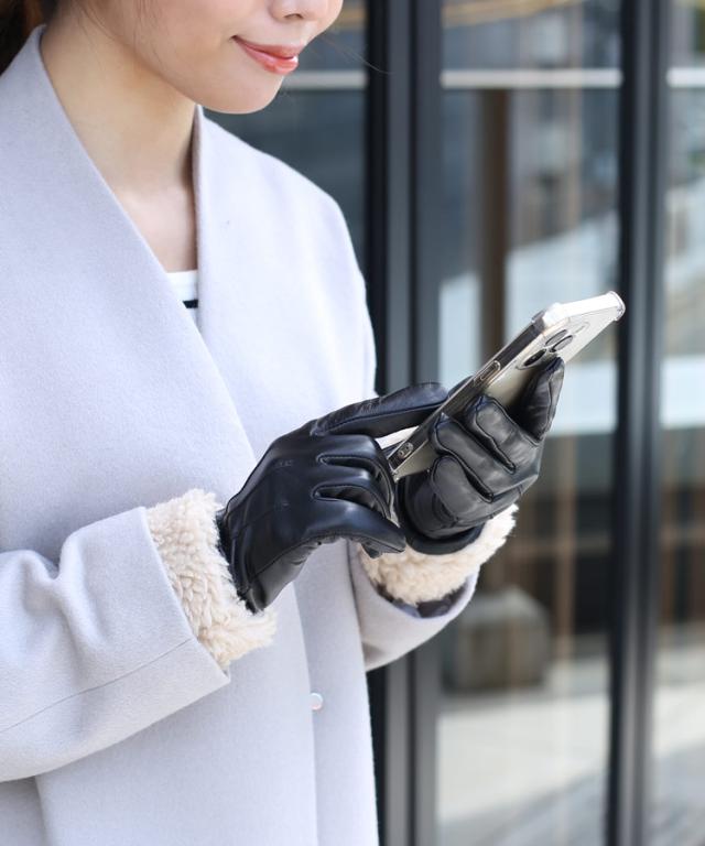 ラムレザー&ボア スマホ対応 グローブ レディース 手袋 秋冬 レザーグローブ