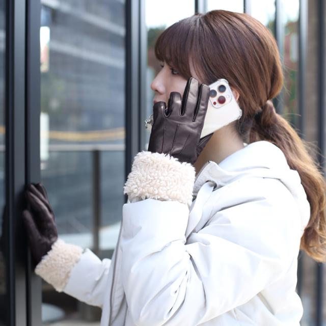 ラムレザー&ボア スマホ対応 グローブ レディース 手袋 秋冬 レザーグローブ