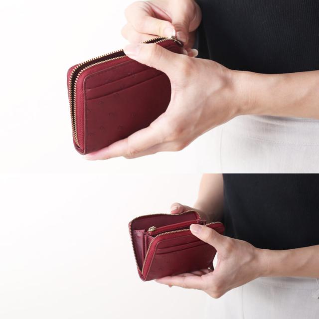 オーストリッチ 財布 コンパクト財布 ミニ財布 ラウンドファスナー レッド 赤 小さい 小さめ コンパクト