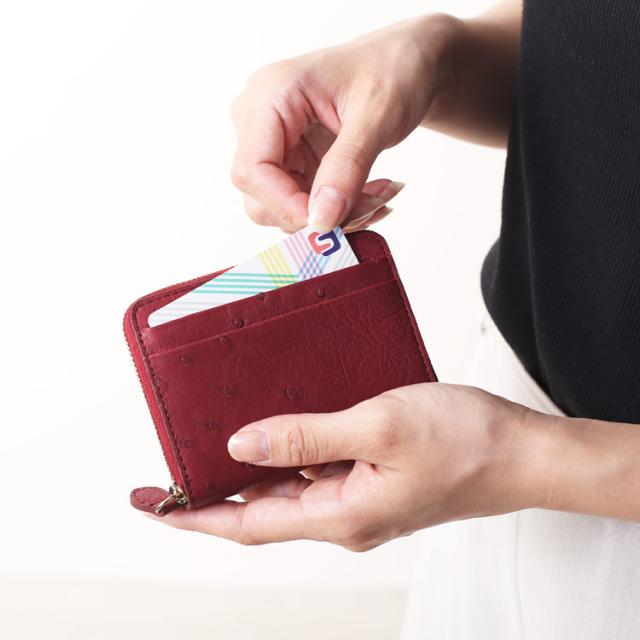 オーストリッチ 財布 コンパクト財布 ミニ財布 ラウンドファスナー レッド 赤 小さい 小さめ コンパクト