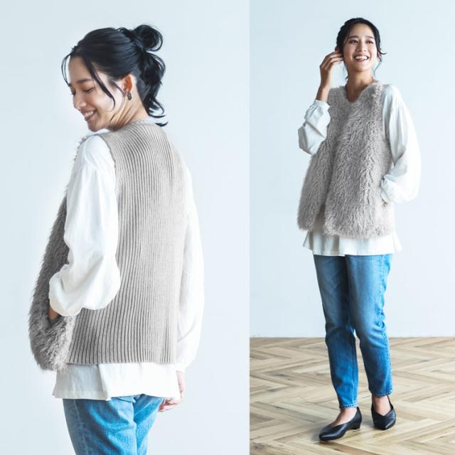 filomo ブランド フィローモ フェイクファー ファー ベスト レディース 女性 秋 冬 ファーベスト グレージュ 素材 ニット アクリルニット エコファー