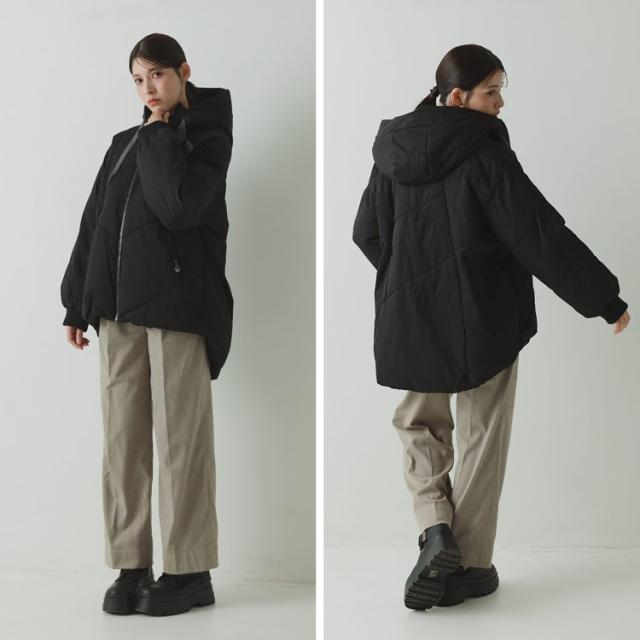 エコダウンコート レディース ミドル丈 オーバーサイズ ブラック 黒 後ろ長い アシメ 大きいサイズ ゆったり 暖かい 防寒 ビックシルエット