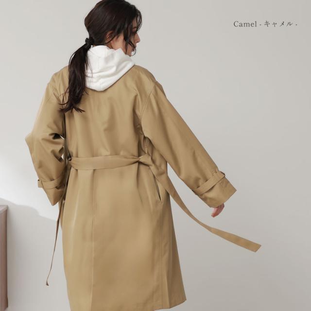 ロングコート ノーカラー レディース 弱撥水 キャメル