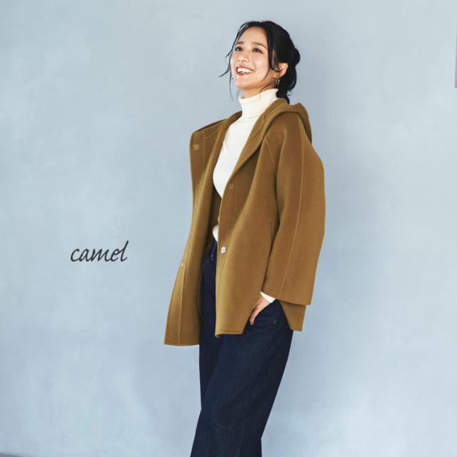 filomo ウール カシミヤ 一枚仕立て フード付き コート アウター ミドル丈 キャメル