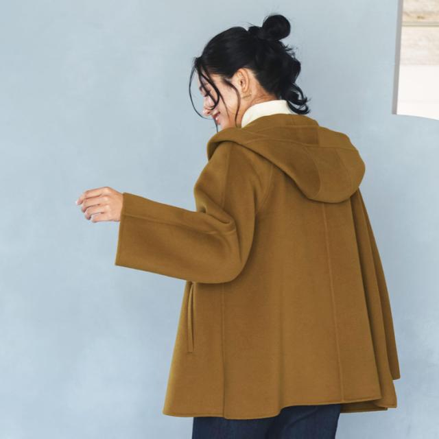 filomo ウール カシミヤ 一枚仕立て フード付き コート アウター ミドル丈 キャメル 大きいサイズ ゆったり フレア シルエット かわいい