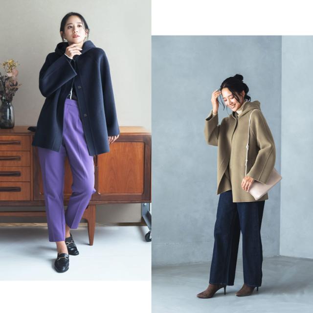 filomo ウール カシミヤ 一枚仕立て フード付き コート アウター キャメル ミッドナイトブルー ブルー