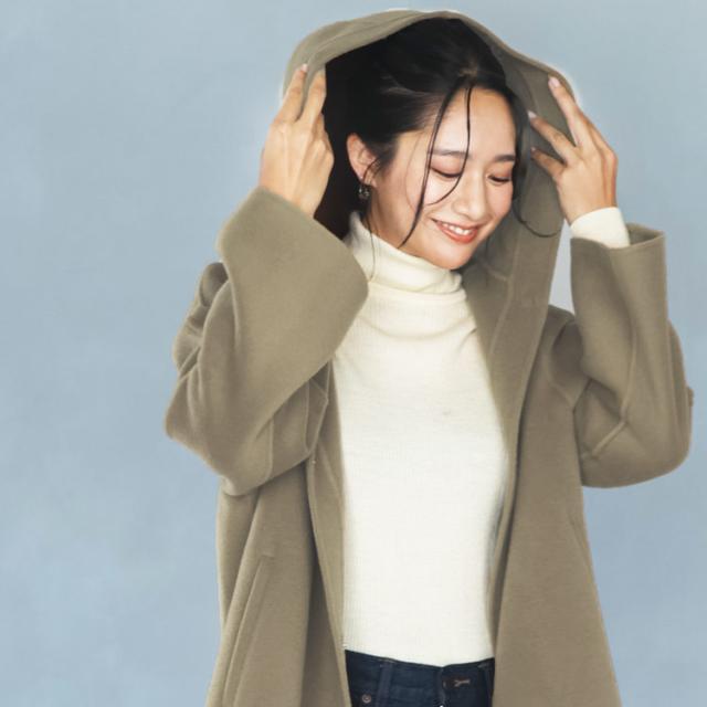 filomo ウール カシミヤ 一枚仕立て フード付き コート アウター ミドル丈 キャメル ブラック フード 大きめ フード かわいい フェミニン カジュアル