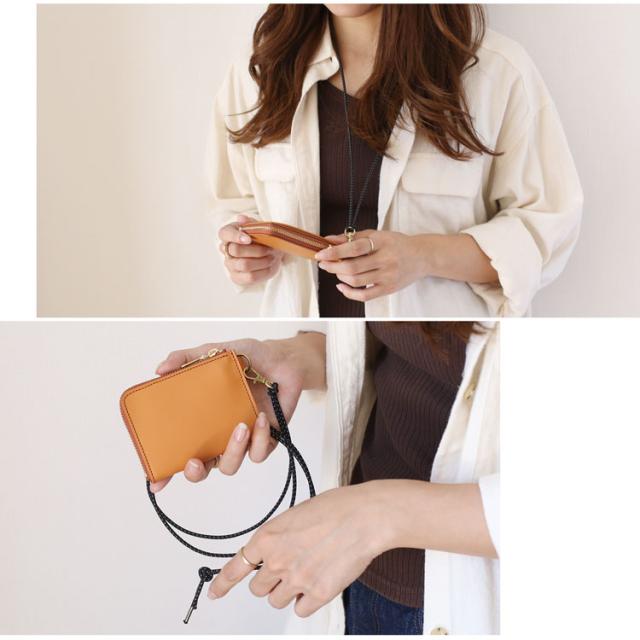 レディース ネックストラップ付 財布 L字ファスナー キャメル