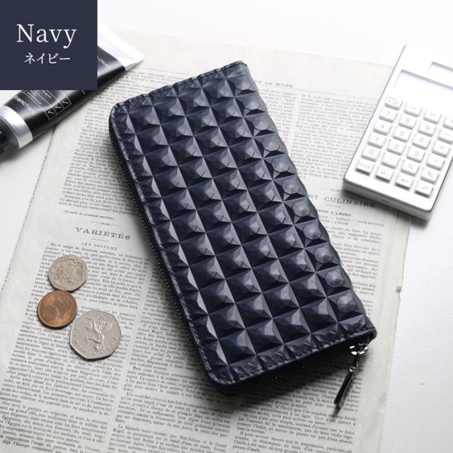 3Dデザイン 牛革 財布 ラウンドファスナー コンパクト 長財布 立体的 デザイン ダイヤ柄 ダイヤ模様 モード おしゃれ 幾何学