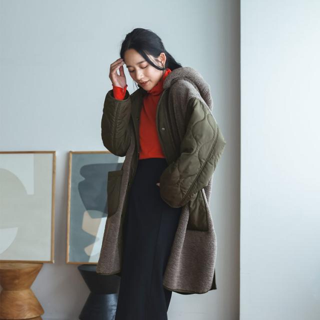 キルト ボア 異素材 フード付き コート