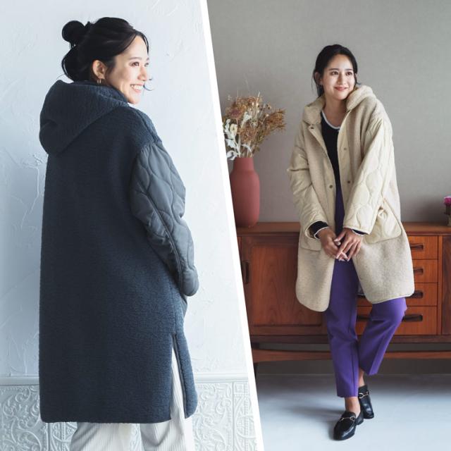 キルト ボア 異素材 フード付き コート