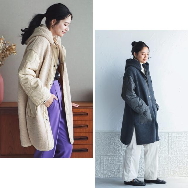 キルト ボア 異素材 フード付き コート