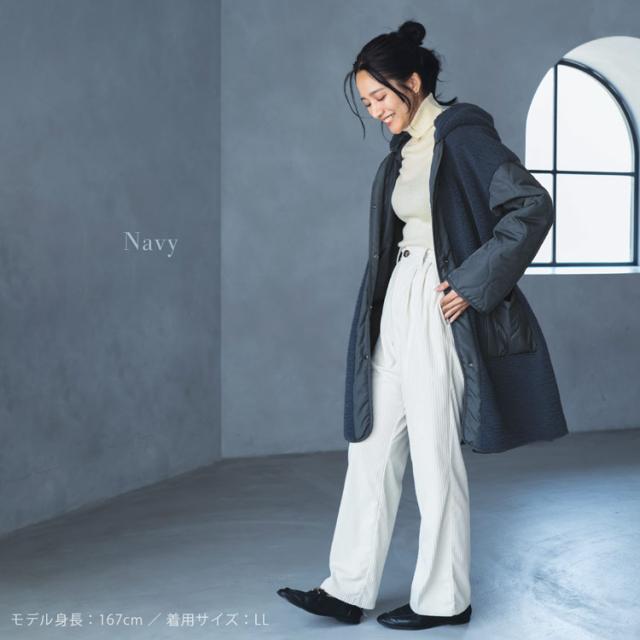 キルト ボア 異素材 フード付き コート ネイビー