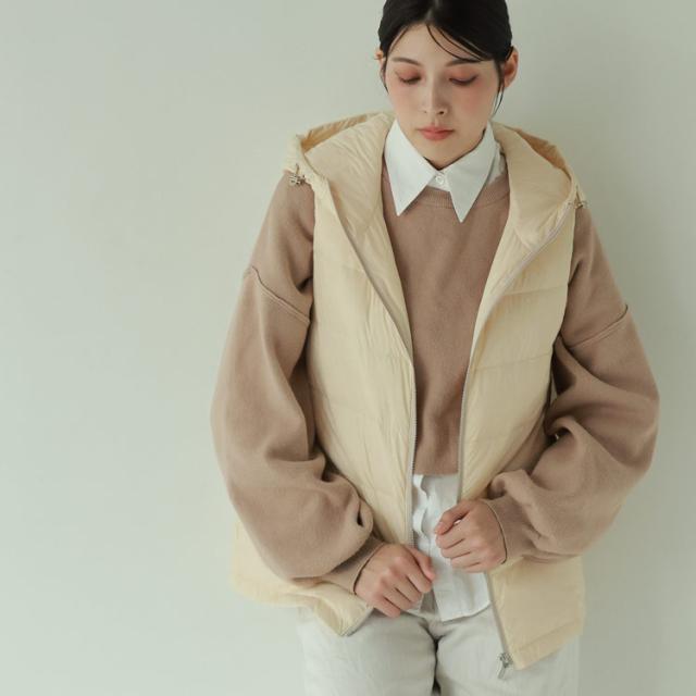 ウール ノーカラー コート ダウンベスト 3WAY フード取り外し可能 2WAY
