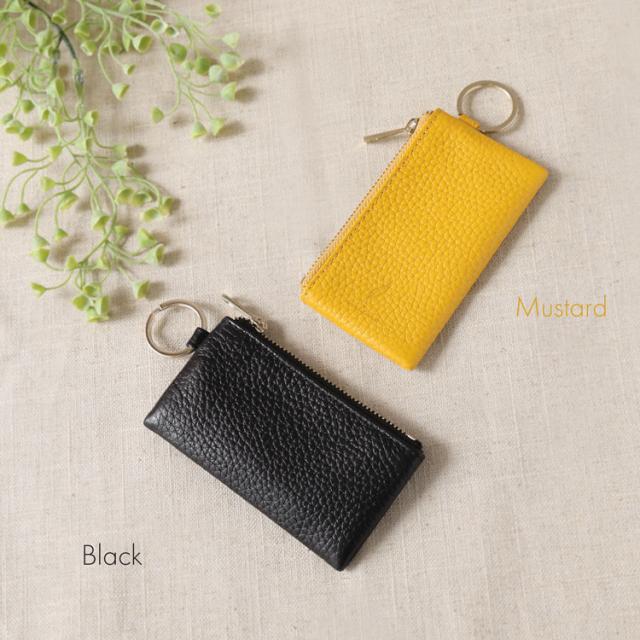牛革 キーケース 本革 レディース リング付き 薄型 イエロー マスタード 黄色 ブラック 黒