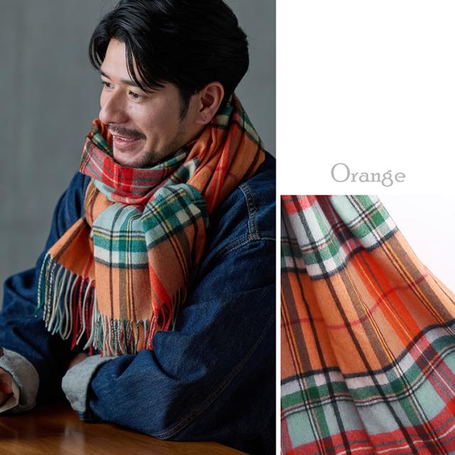 カシミヤ 100% ストール オレンジ チェック