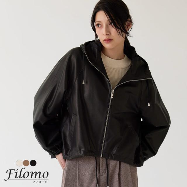 ラム レザー ジャケット フード付き ブラック