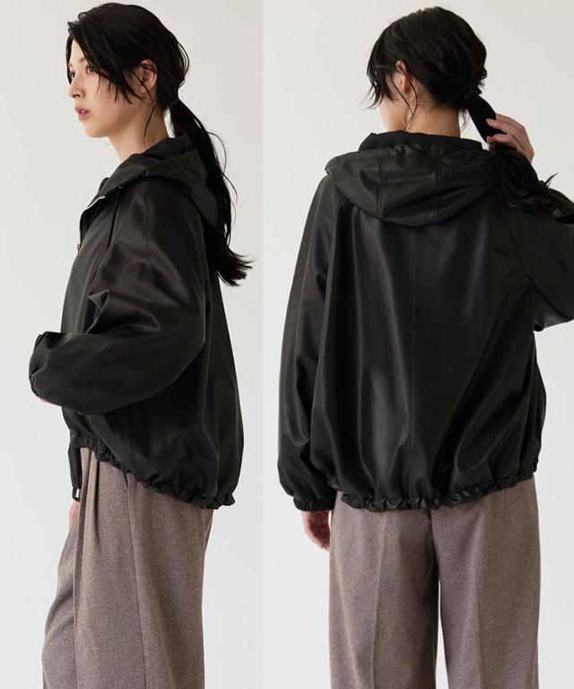 ラム レザー ジャケット フード付き ブラック