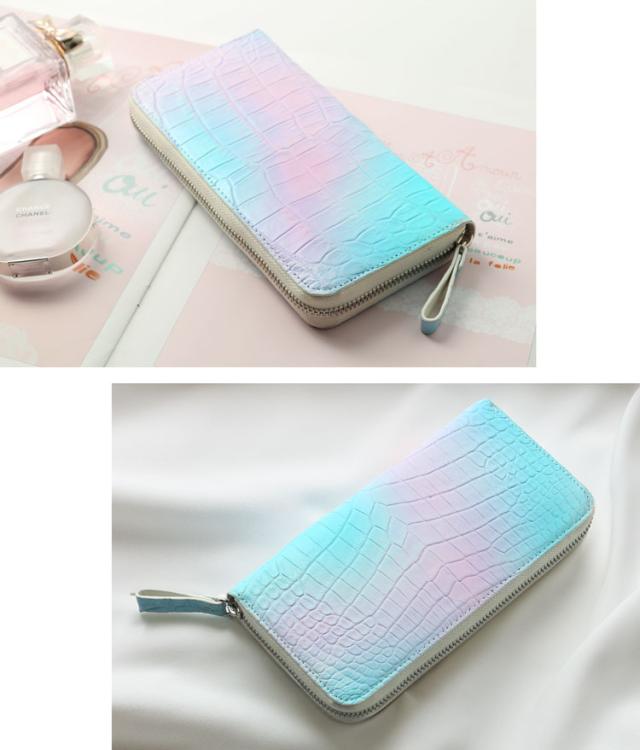クロコダイル パステルカラー グラデーション ラウンドファスナー 長財布 クロコダイル マット 高級 鰐革 財布