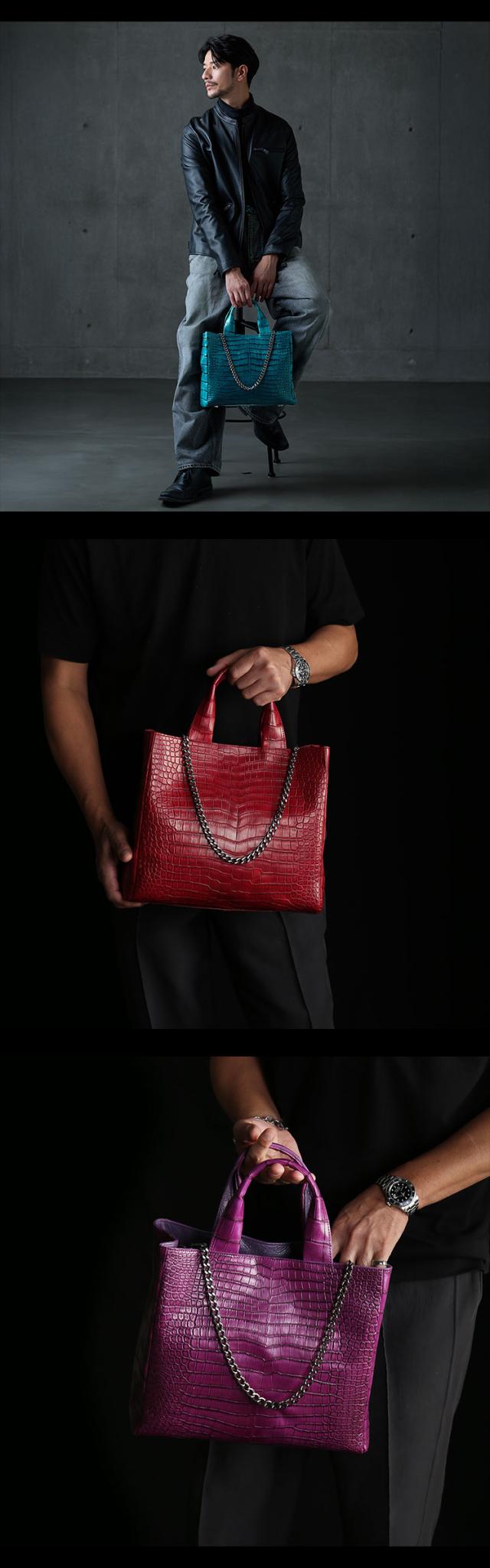 スモールクロコダイルチェーンメンズトートバッグ