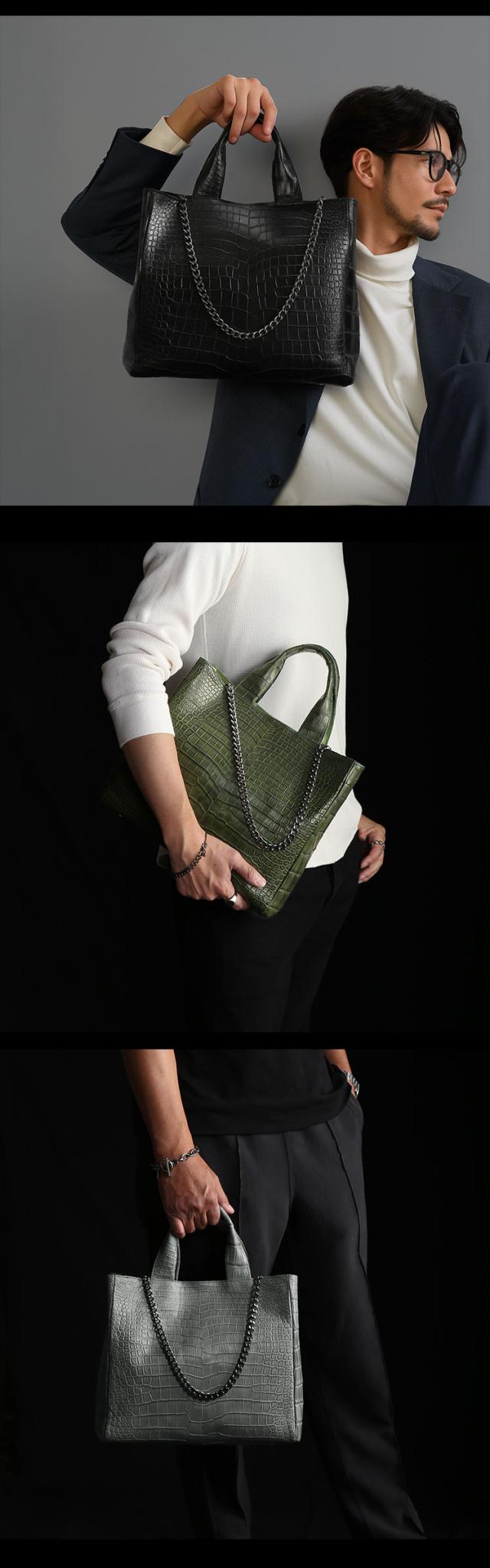 スモールクロコダイルチェーンメンズトートバッグ
