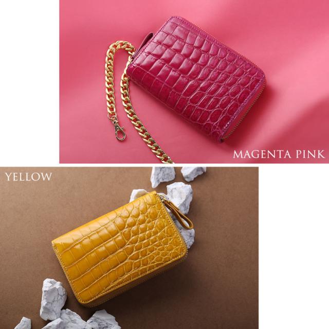 クロコダイル 折財布 ラウンドファスナー マゼンタピンク イエロー