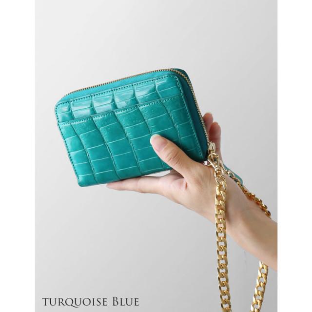 クロコダイル 折財布 ラウンドファスナー ターコイズブルー